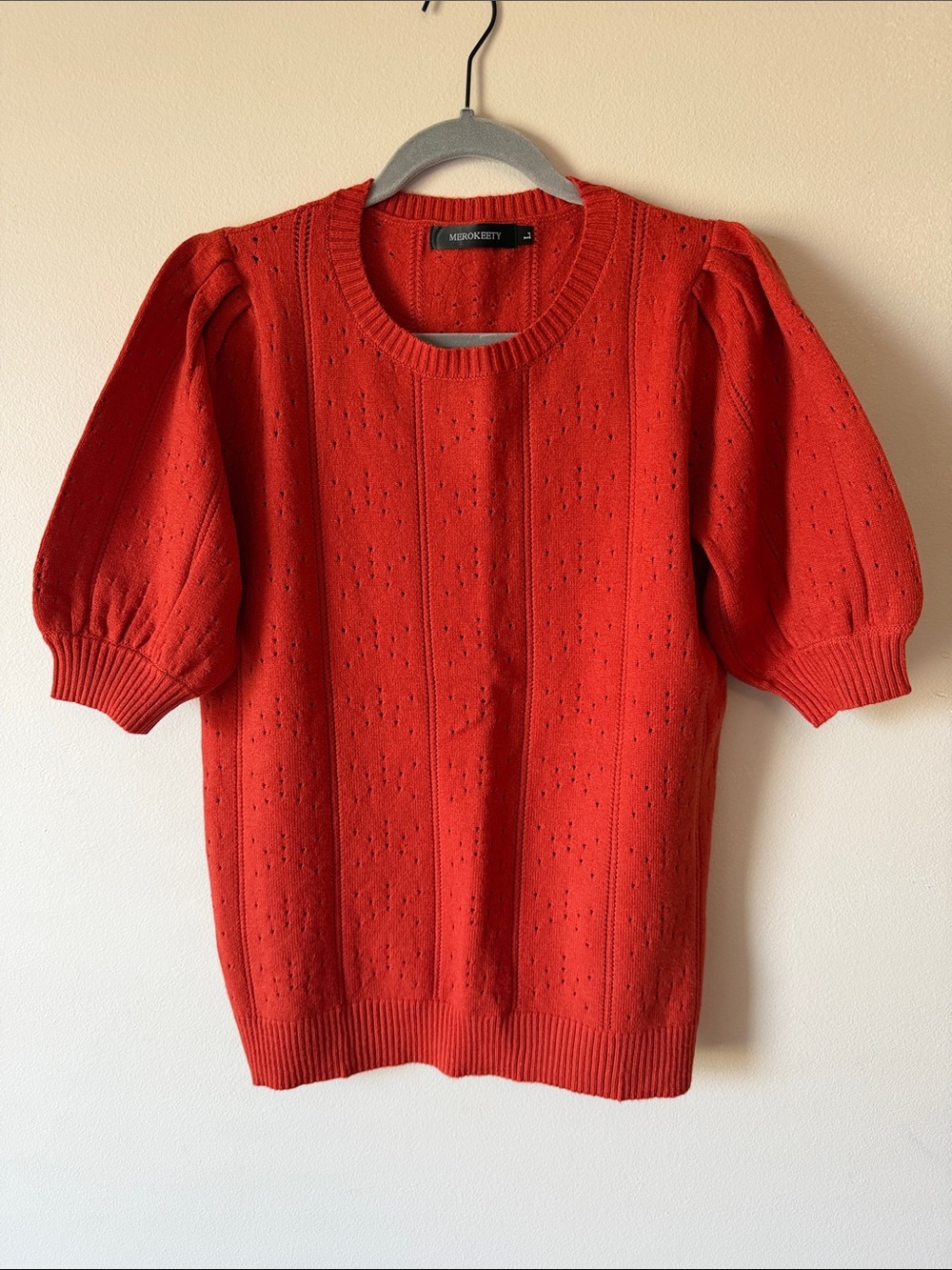 Burnt orange Short-Sleeve Pointelle Knit Sweater